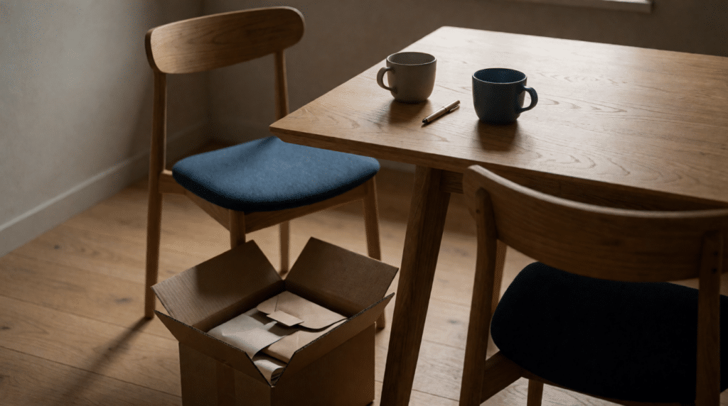 Two coffee cups and a pen on a kitchen table beside a packing box