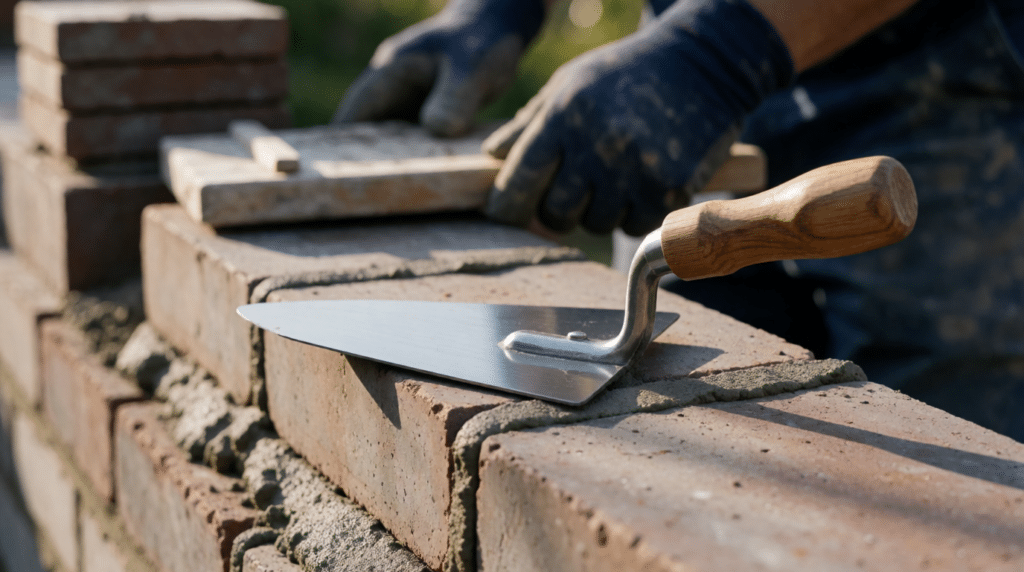 Trowel and a fresh course of bricks on a half-built garden wall