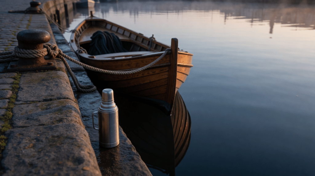 Harbour quay at dawn with a small fishing boat at the bollards and a thermos