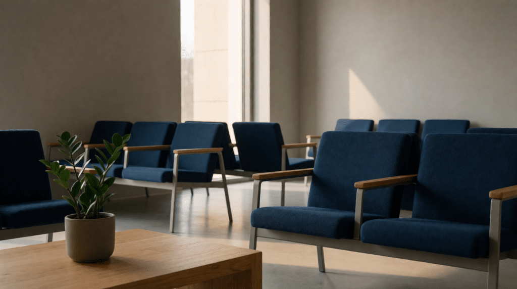 Quiet waiting room with rows of empty chairs and a plant by the window