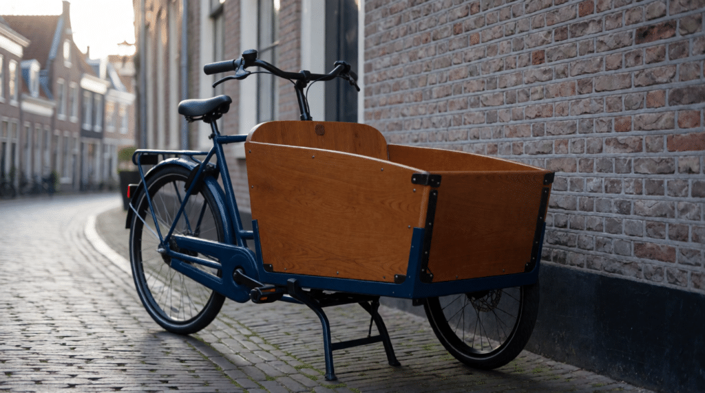 Cargo bicycle with an empty delivery box on a cobbled street