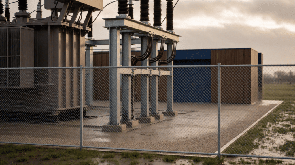 Electrical substation with a transformer and switchgear behind a fence