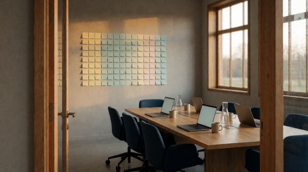 Meeting room with a wall of sticky notes and a long table