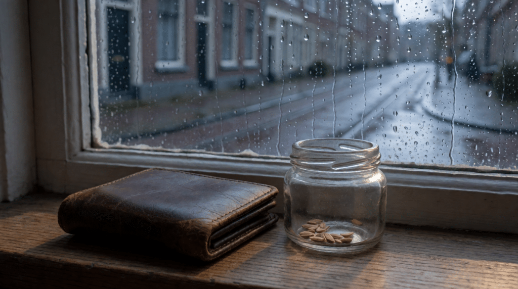 Leather wallet and glass jar on a windowsill with rain on the glass
