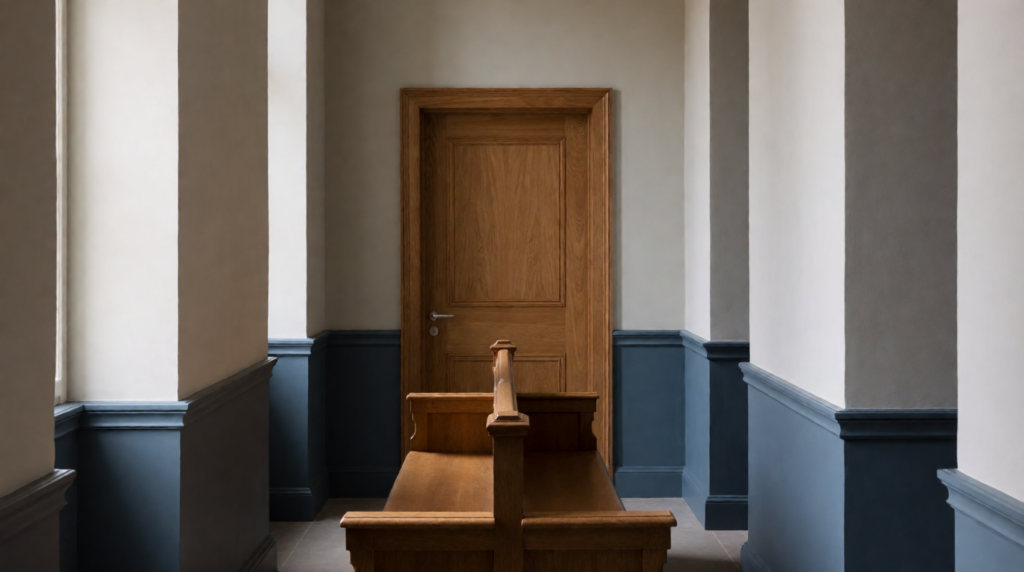 Closed wooden door with a bench in a quiet courthouse corridor