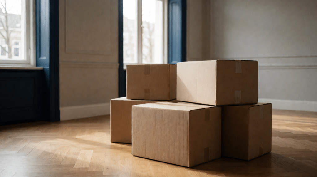 Moving boxes in an empty living room with a wooden floor and window