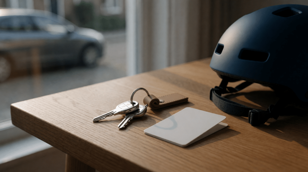Car keys and a bicycle helmet on a kitchen table in morning light, a parked car outside