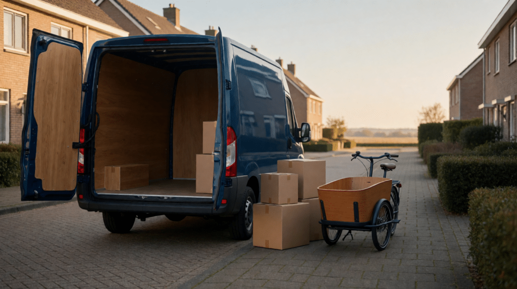 Removal van with open doors and boxes on a quiet street