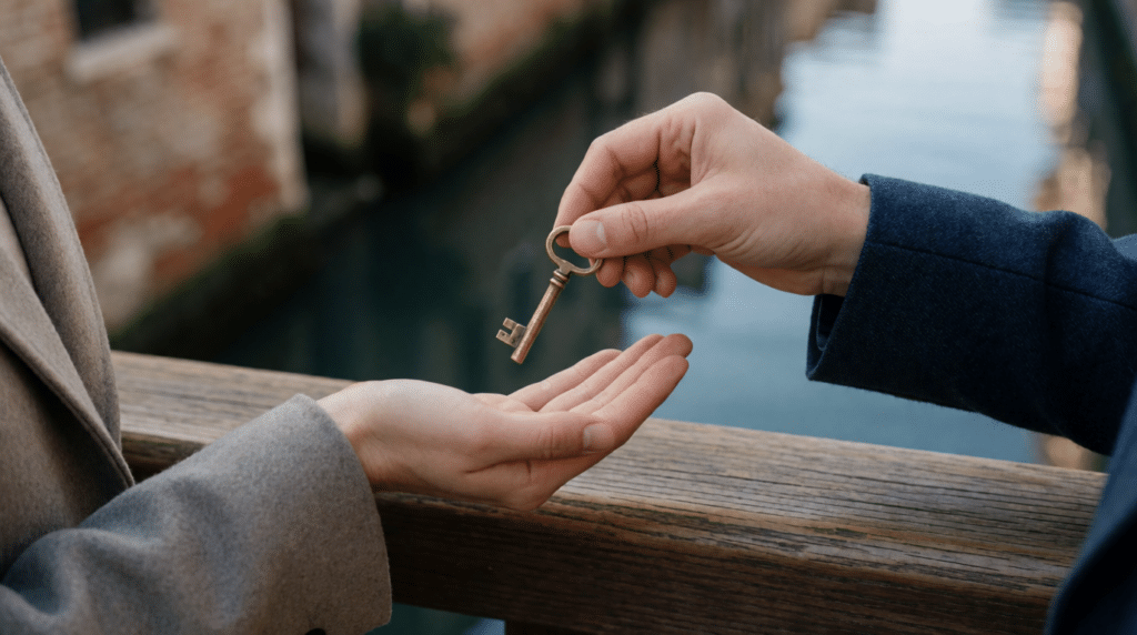 Two hands passing a brass key over a bridge railing above a canal