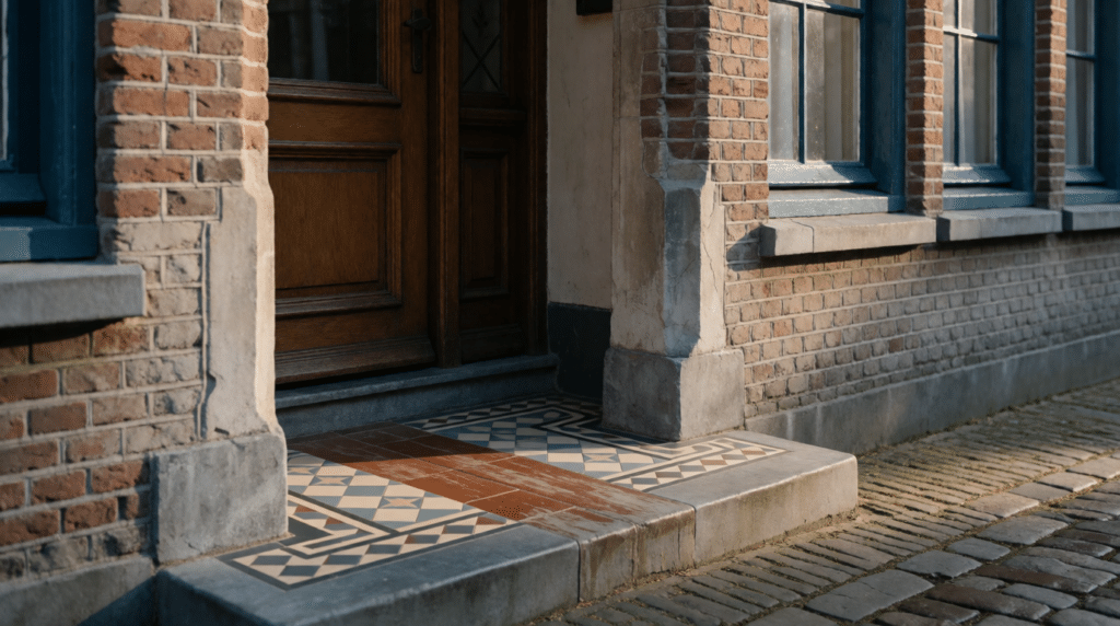 Weathered 1930s house front with old window frames and tiled step