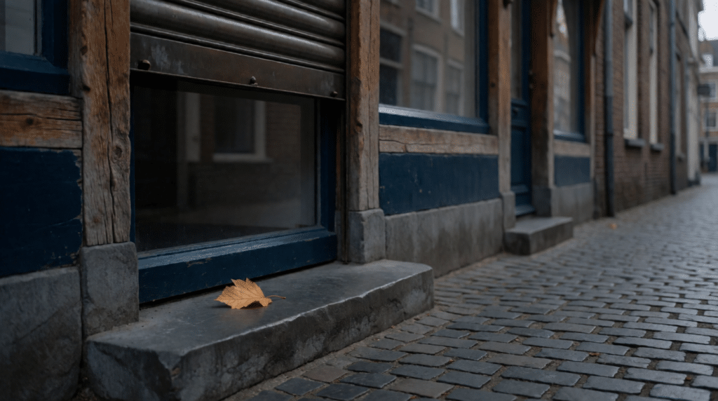 Closed shop with a half-lowered shutter on an empty shopping street