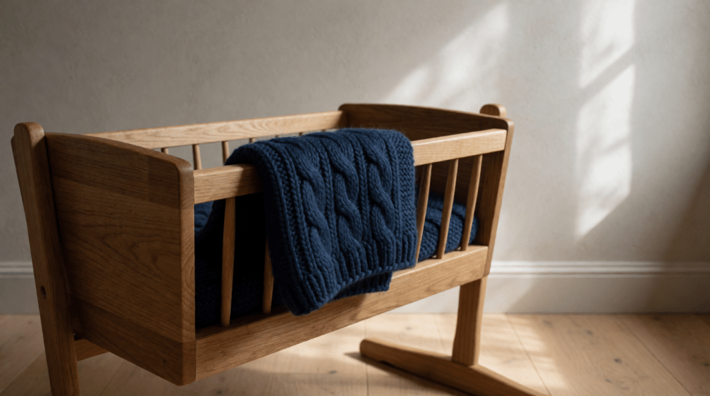 Wooden cradle with a folded knitted blanket in a sunlit nursery