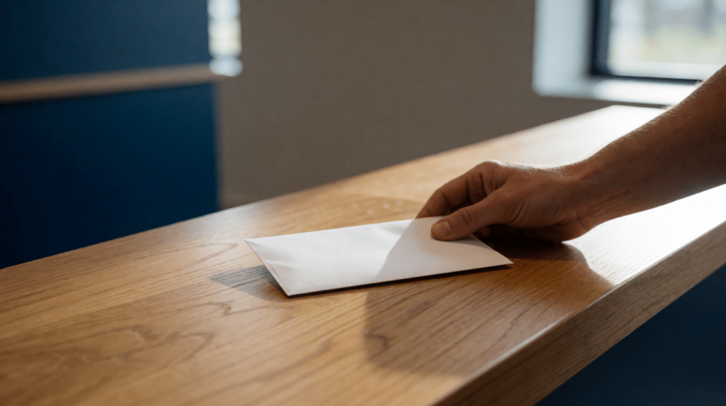 Hand sliding a sealed white envelope across a wooden counter