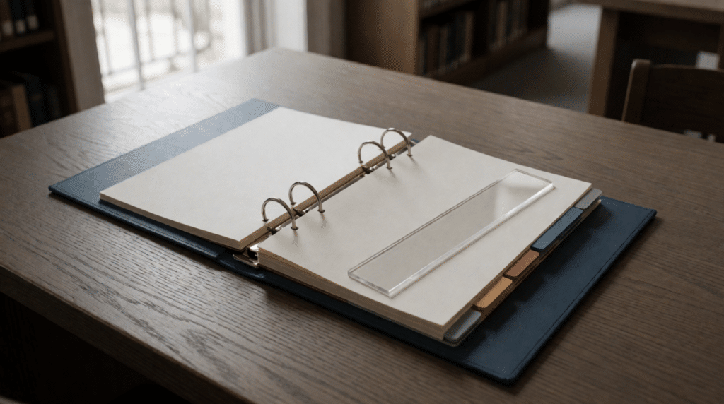 Open ring binder with coloured index tabs and a ruler on a table