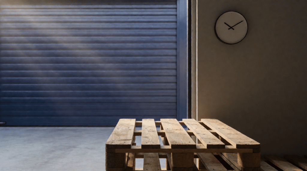 Warehouse loading dock with a wall clock, empty pallets and closed door