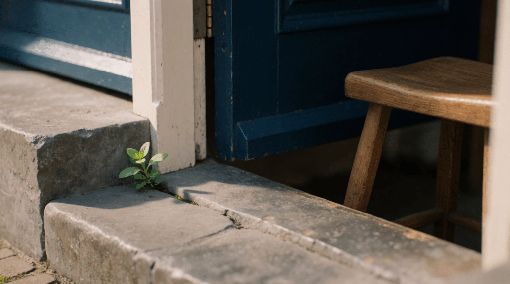 Small plant on a stone step by a workshop doorway with a wooden stool