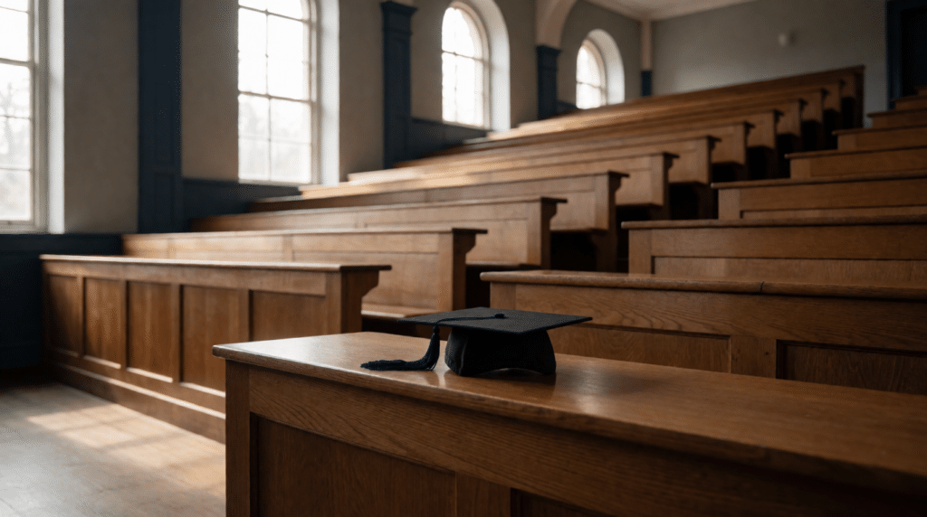 Empty lecture hall with wooden seating and a graduation cap on a desk