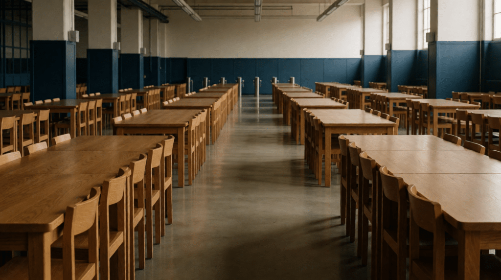 Large empty canteen with tables and chairs, lights half off