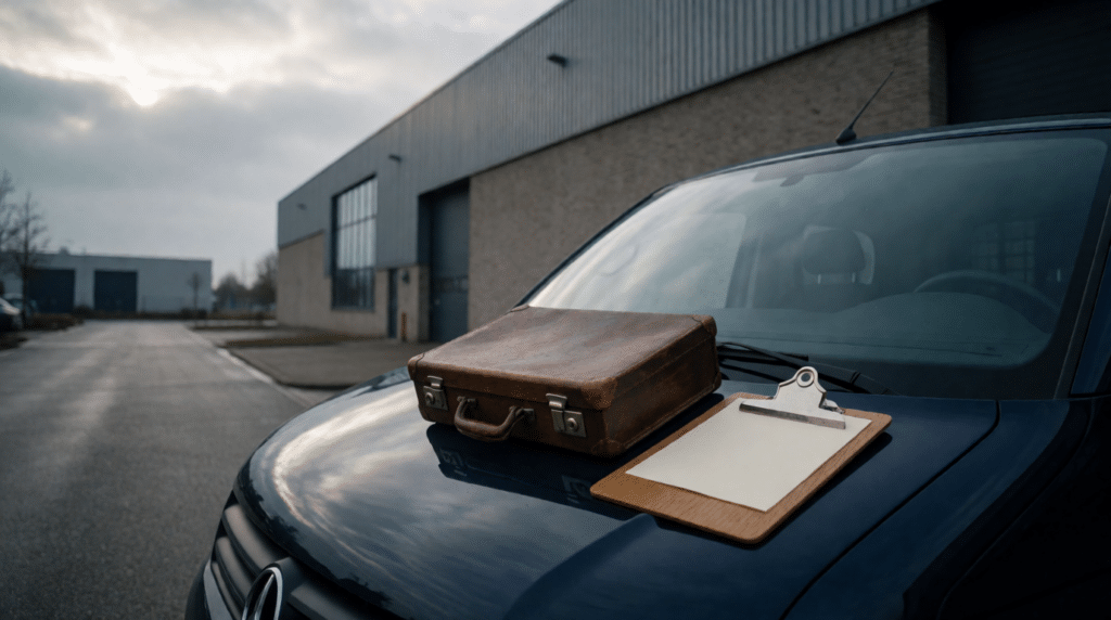 Briefcase and clipboard on the hood of a dark van outside an industrial unit