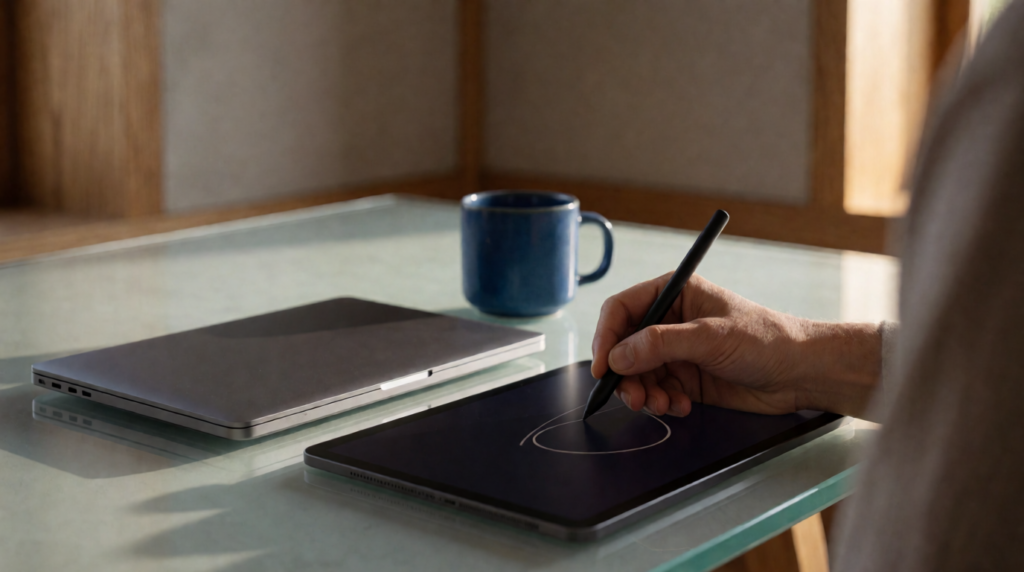 Hand with a stylus drawing on a tablet on a glass desk