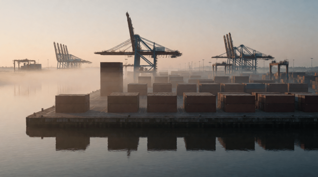 Container terminal with cranes in morning mist seen from afar