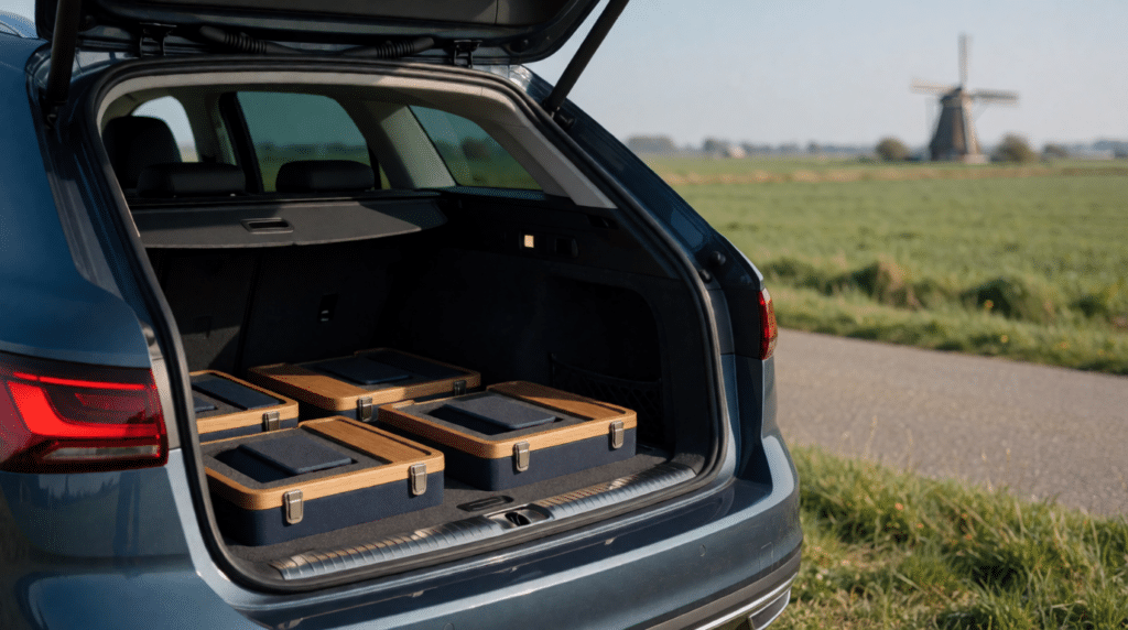 Open car boot with sample cases on a rural road, windmill in the distance