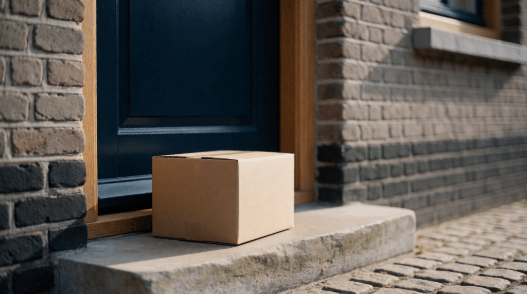 Cardboard parcel on the doorstep of a brick house with a blue door