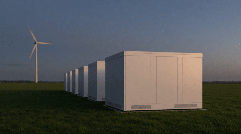 White battery containers in a field with a distant wind turbine