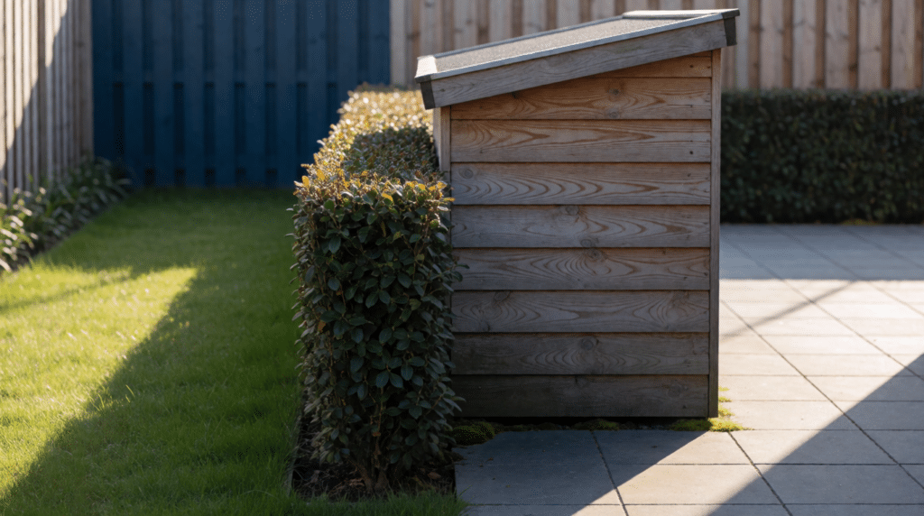 Hedge and grass strip between two back gardens with a wooden shed