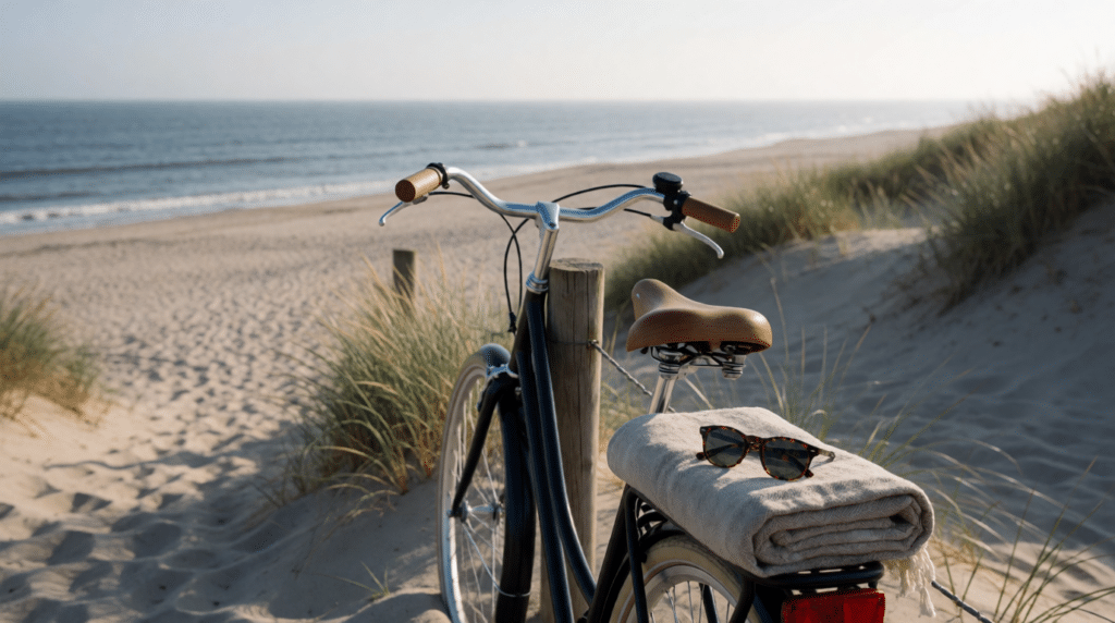 Beach towel, sunglasses and a bicycle on a dune path by the sea