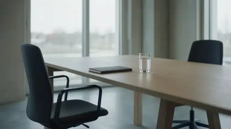 Empty meeting room with two office chairs on opposite sides of a long wooden table