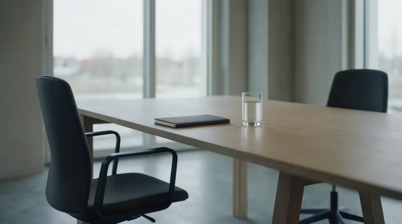 Empty meeting room with two office chairs on opposite sides of a long wooden table