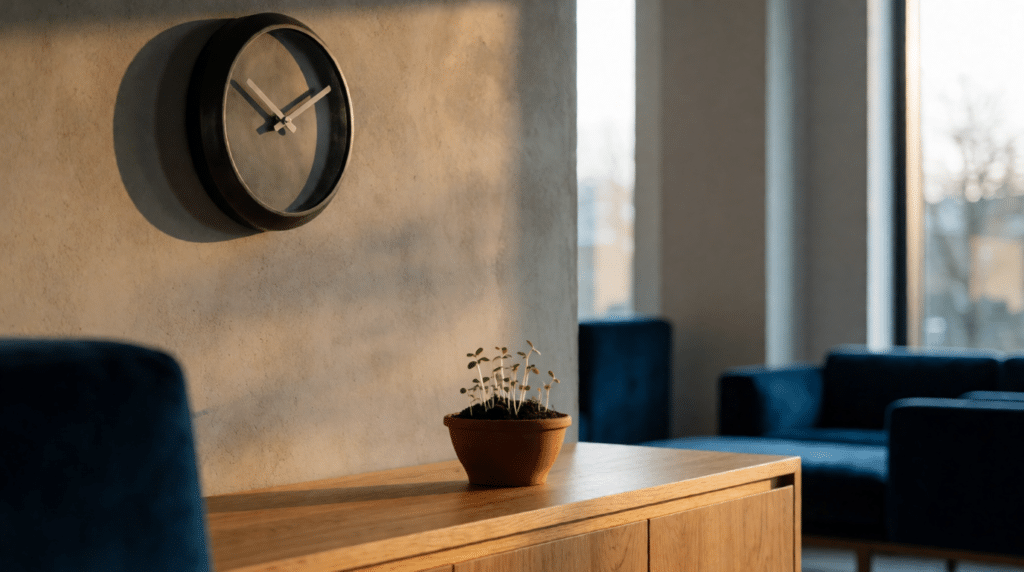 Heavy wall clock and a potted plant on a wooden sideboard in golden light