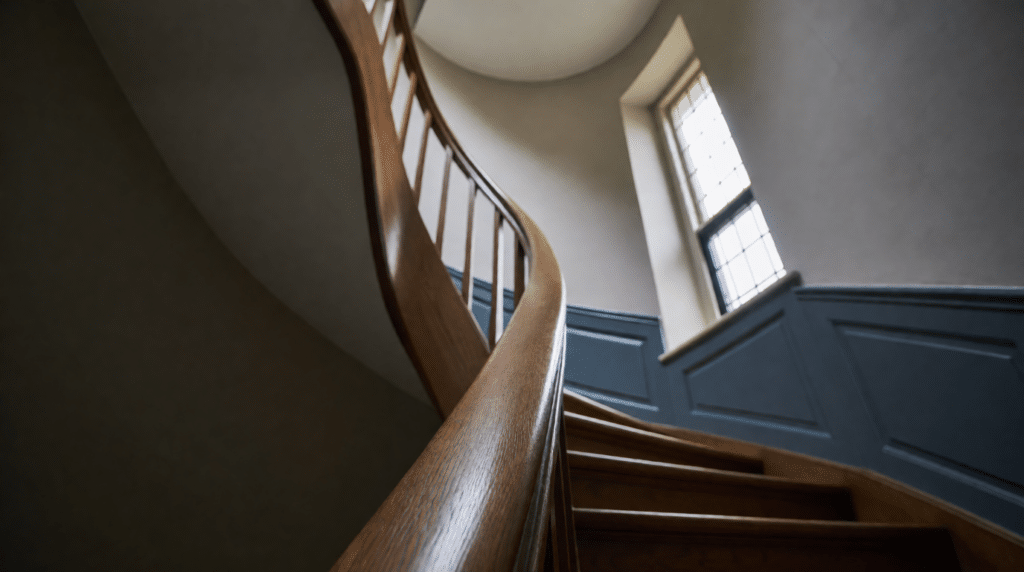 Narrow staircase in a town hall with a wooden banister and window light