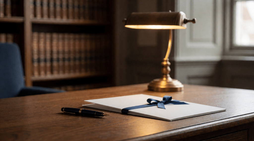 Notary desk with a fountain pen, a ribbon-tied document folder and a brass desk lamp