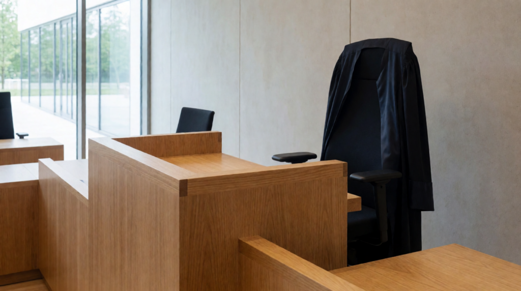 Empty wooden lectern in a bright courtroom with a robe over a chair
