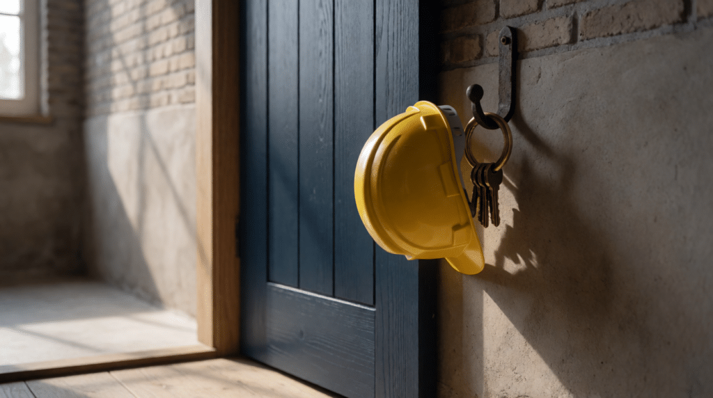 Hard hat and keys on a hook beside the open door of a small factory