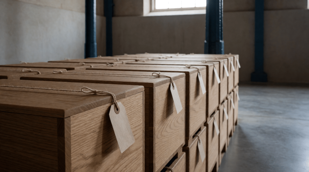 Rows of identical wooden crates with string tags in a storage room