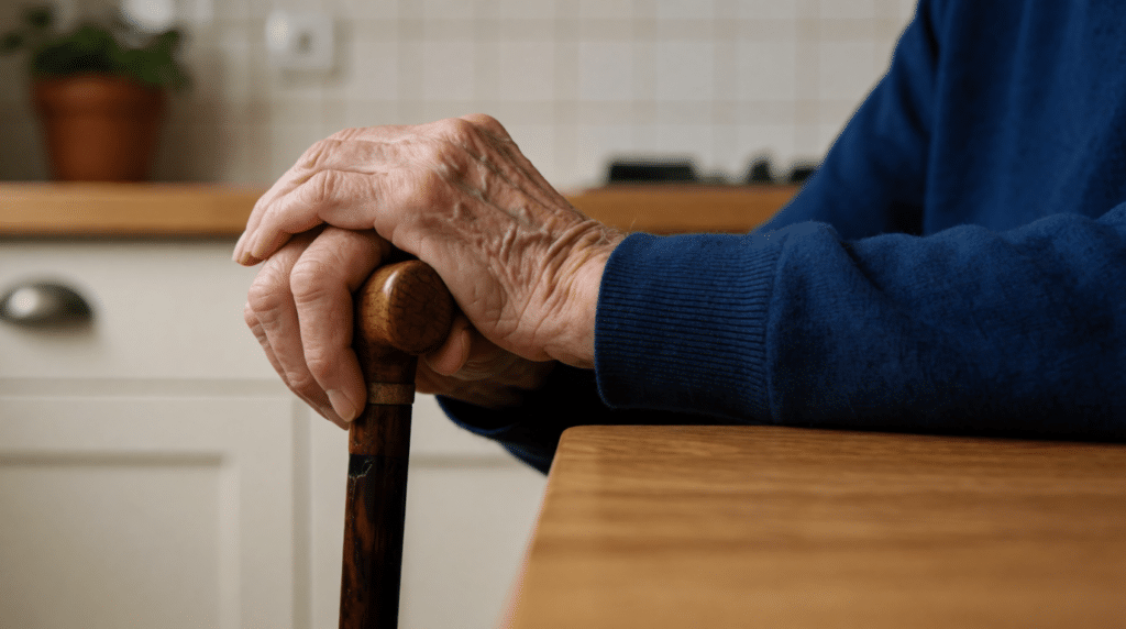 Elderly hands resting on a cane beside a kitchen table with tea