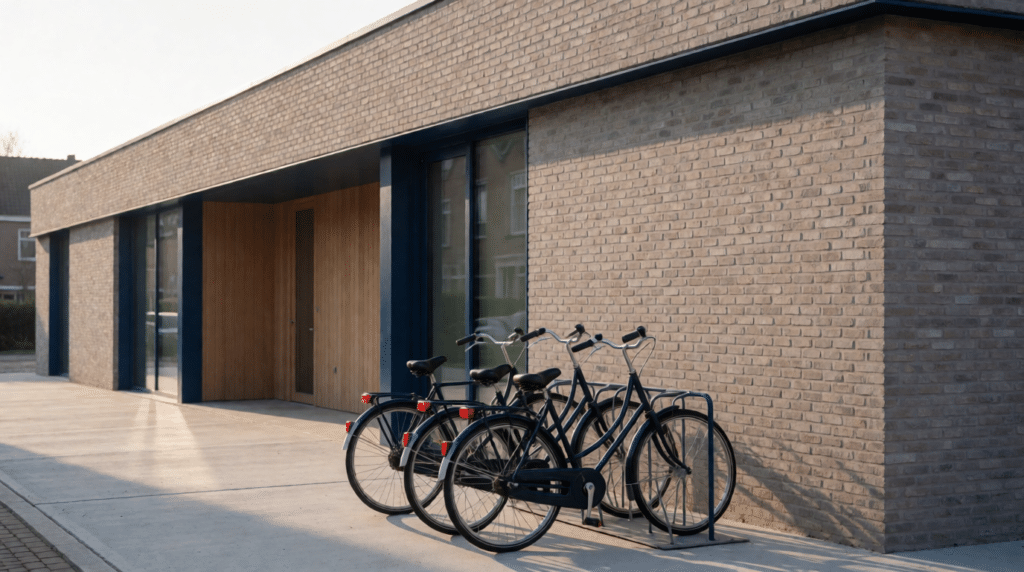 Low brick office building with a row of parked bicycles in front