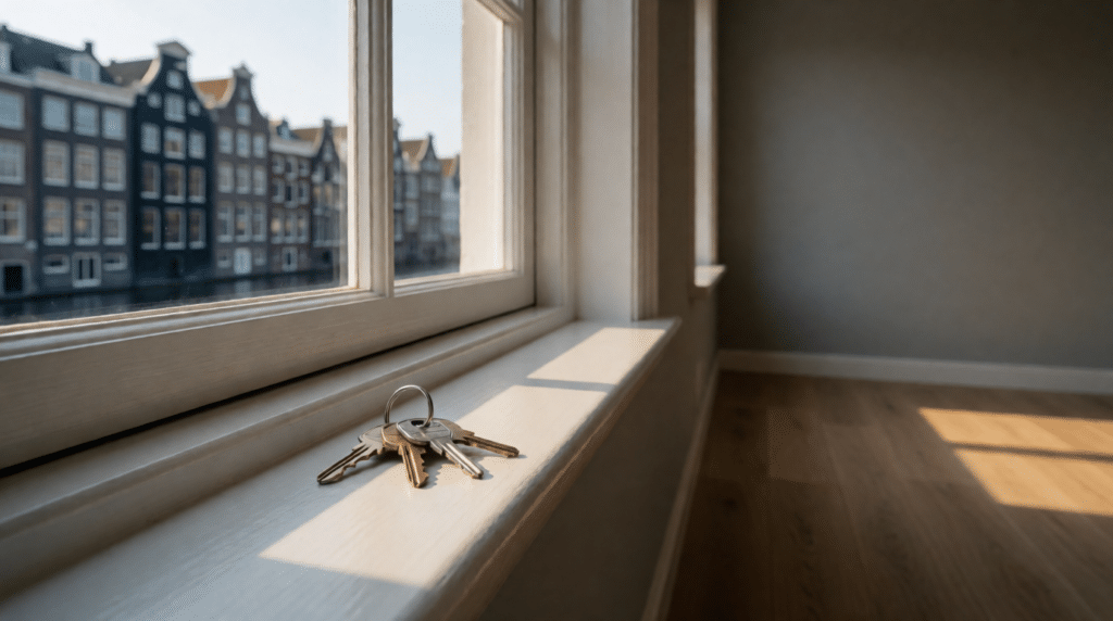 House keys on the windowsill of an empty freshly painted flat overlooking canal houses