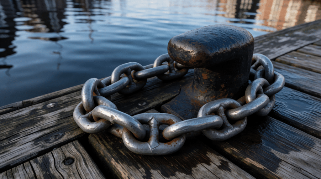 Heavy steel chain on weathered harbour planks near a mooring bollard
