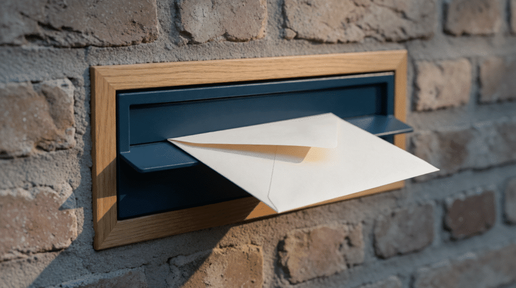 Envelope half inserted in a post-box slot in a brick wall