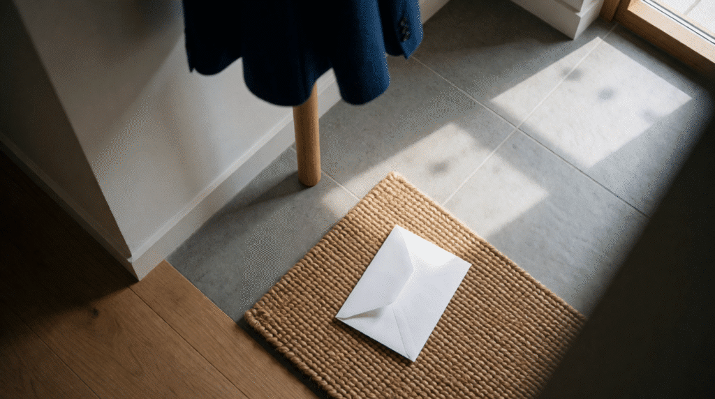 Folded white letter on a doormat in a sunlit hallway