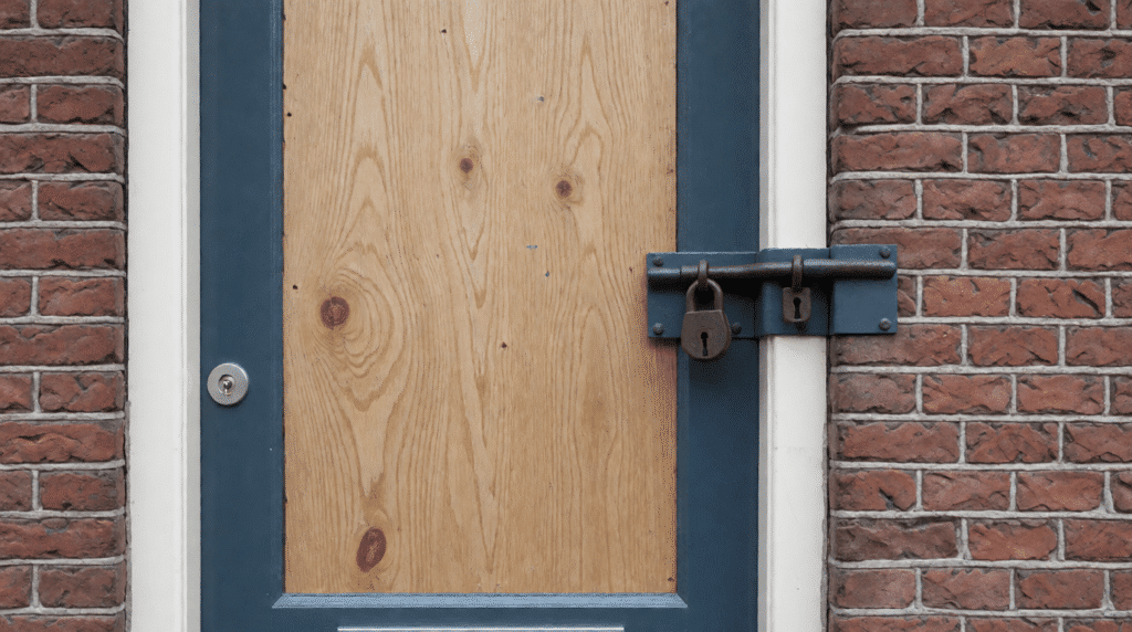Terraced house front door with a board over the window on a quiet street