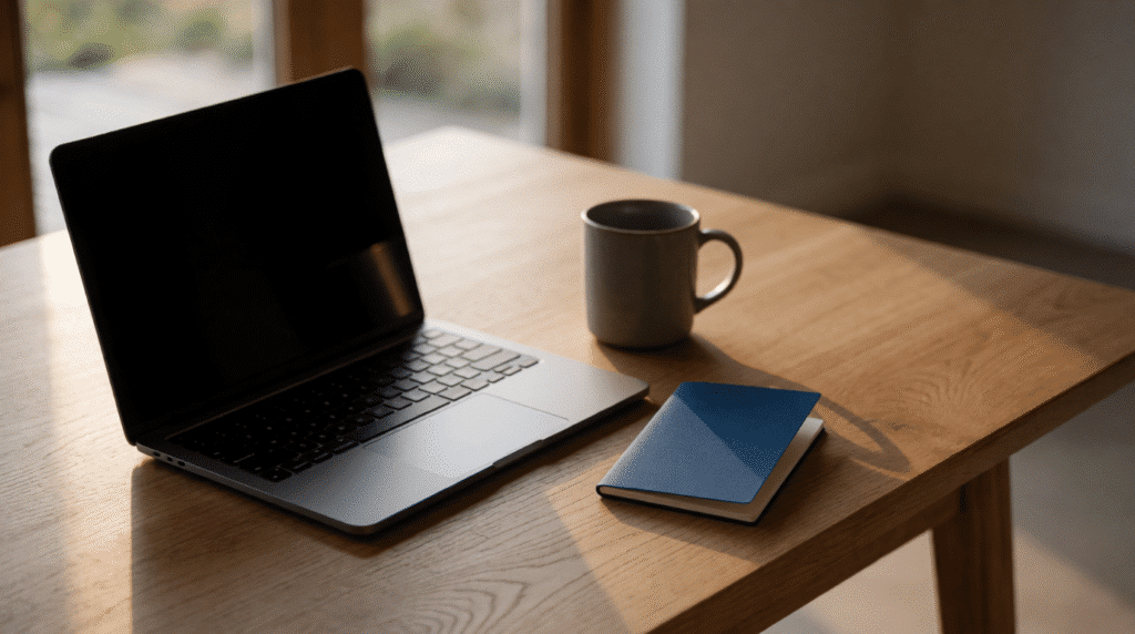 Laptop and a blank booklet on a kitchen table next to a mug