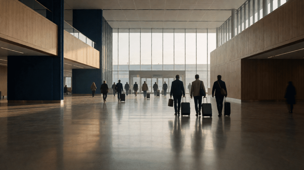 Airport arrivals hall with travellers pulling suitcases in morning light