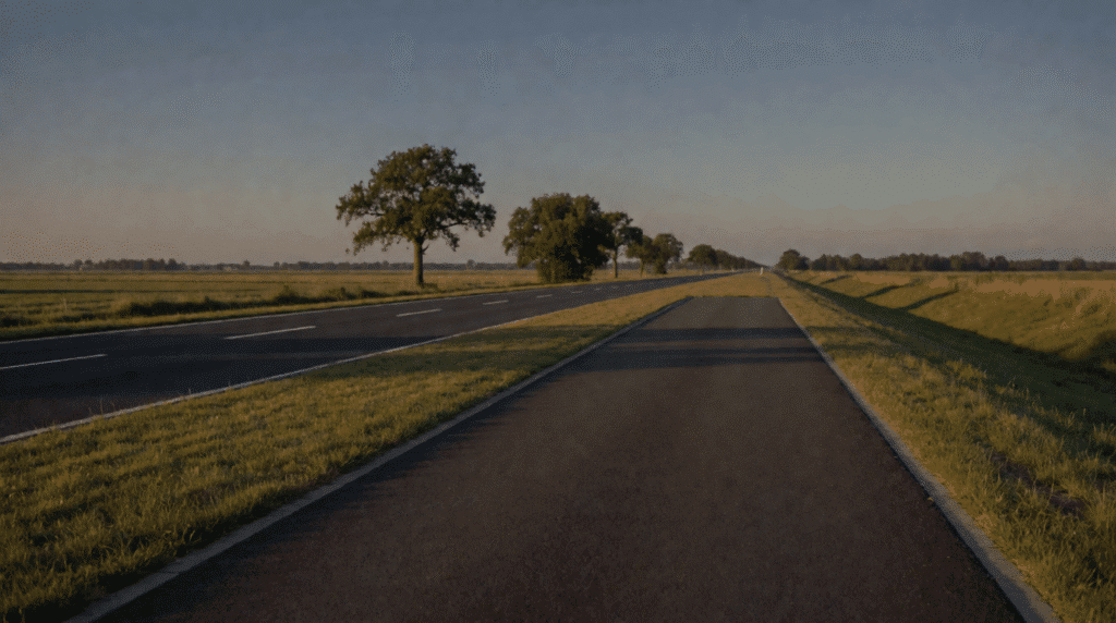 Empty lay-by beside a motorway stretching to the horizon at sunset