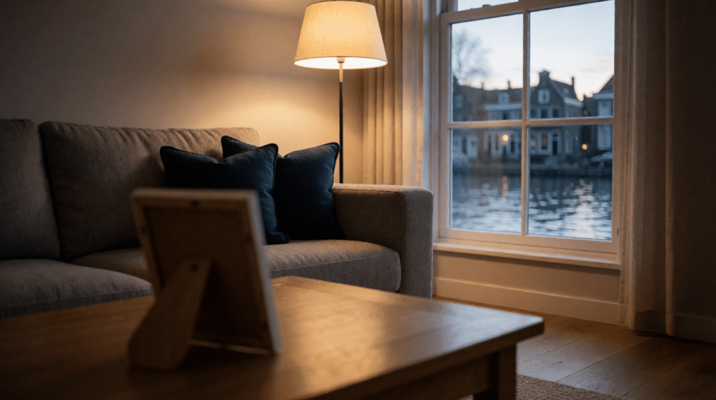 Cosy living room with a sofa and a lamp overlooking a canal