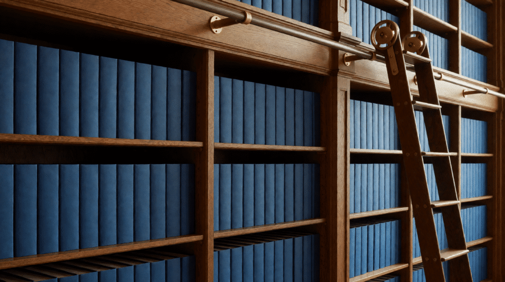Rows of identical blank binders on a long shelf with a rolling ladder
